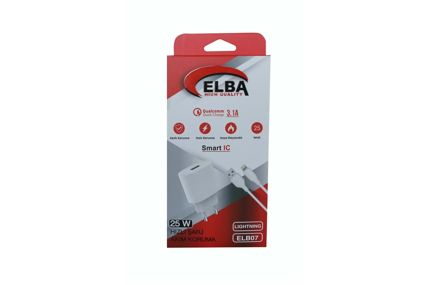 Elba ELB07-USB-25WIOS Beyaz 25W Usb Ev Şarj Kafa+ Usb 1mt Lightning Kablo QC4.0 Hızlı Şarj