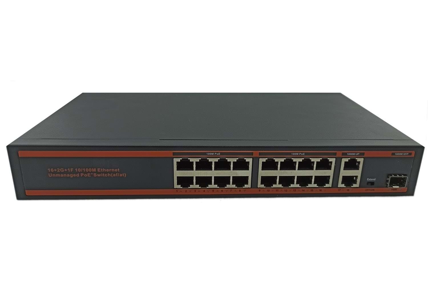 Nova ND-HP1621AG 16 Port Poe+ 10-100 Mbps 2 Port 10-100-1000 Mbps Uplink 1 Port SFP Switch 250W