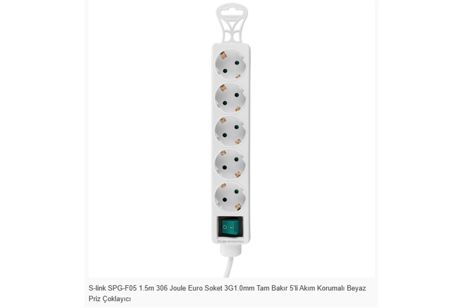 S-link SPG-F05 1.5m 306 Joule Euro Soket 3G1.0mm Tam Bakır 5li Akım Korumalı Beyaz Priz Çoklayıcı