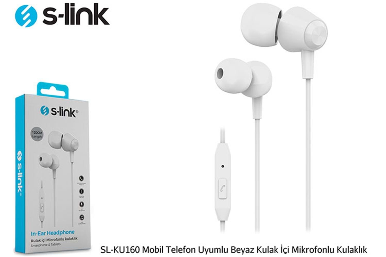 S-link SL-KU160 Mobil Telefon Uyumlu Beyaz Kulak İçi Mikrofonlu Kulaklık