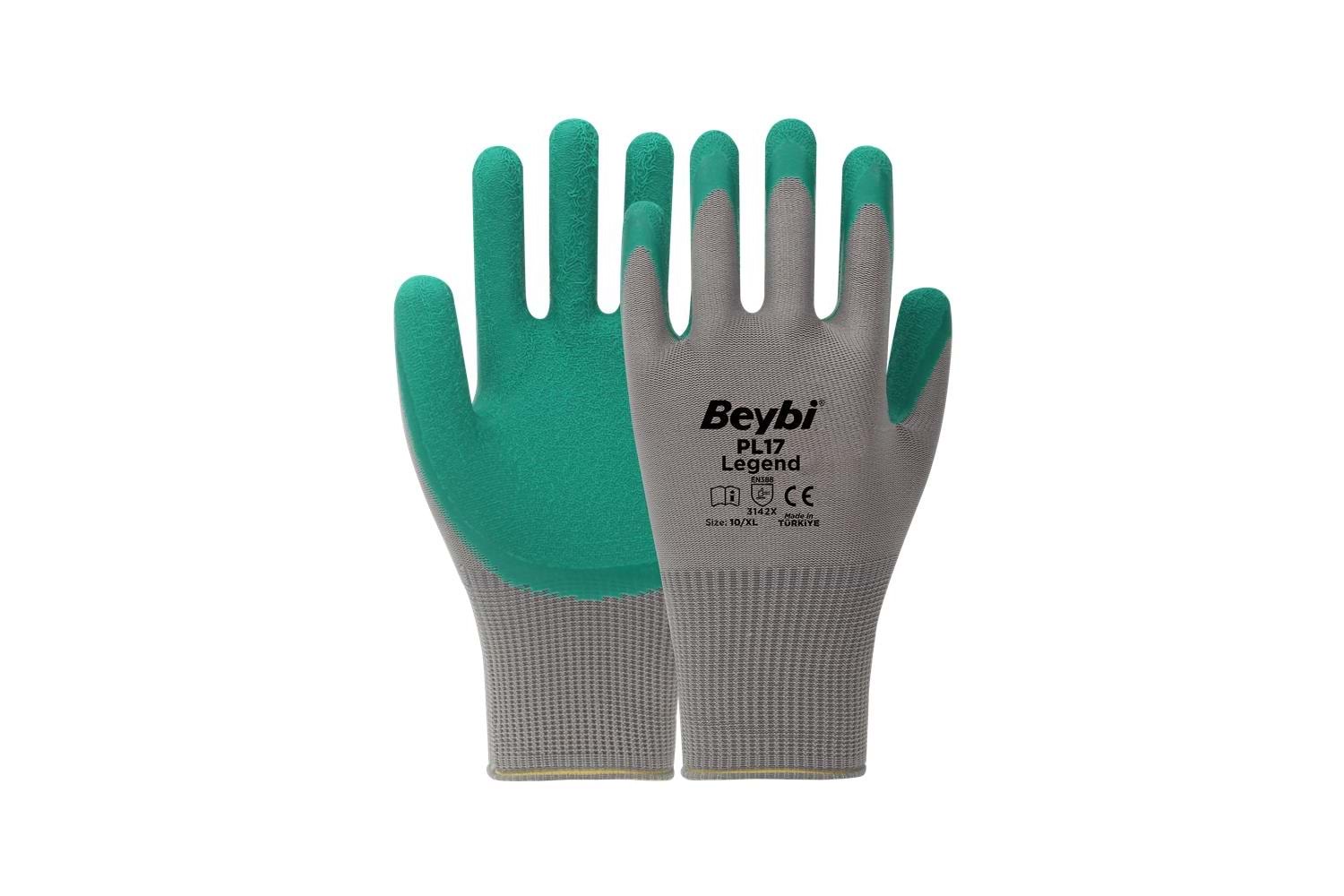 BEYBİ PL17 9 Beden Gri-Yeşil 12li Paket Legend Polyester Örme Lateks Eldiven