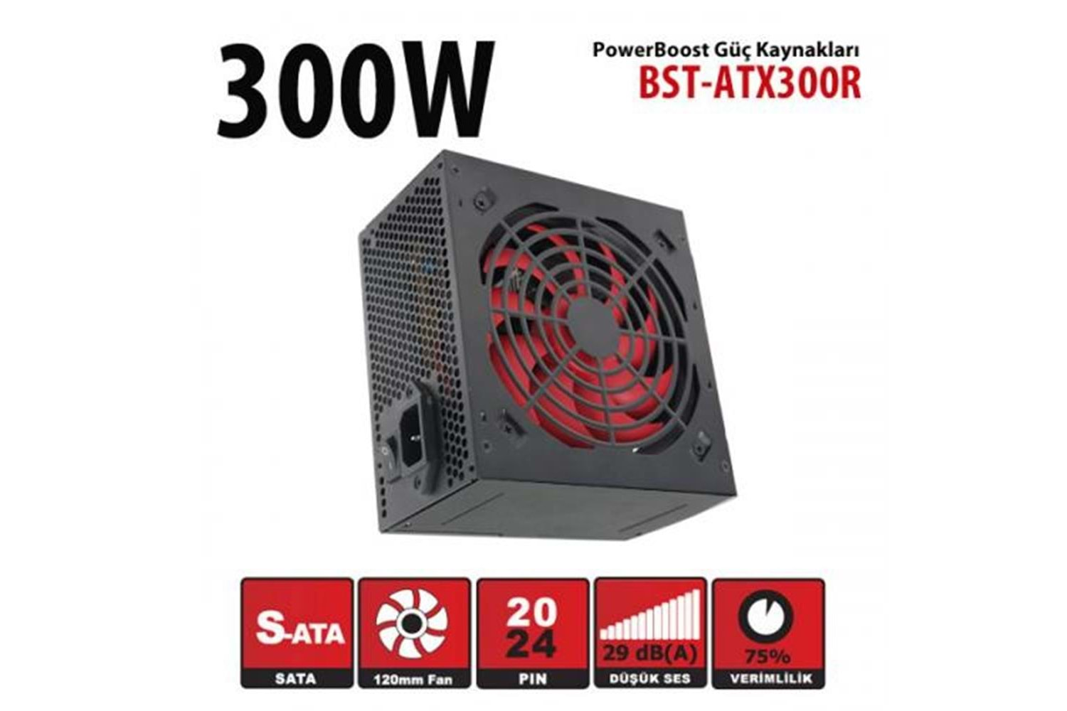 PowerBoost BST-ATX300R 300w, PPFC 12cm Kırmızı Fanlı ATX PSU (Retail Box)