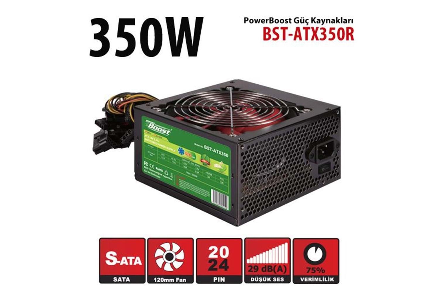 PowerBoost BST-ATX350R 350w, PPFC 12cm Kırmızı Fanlı ATX PSU (Retail Box)