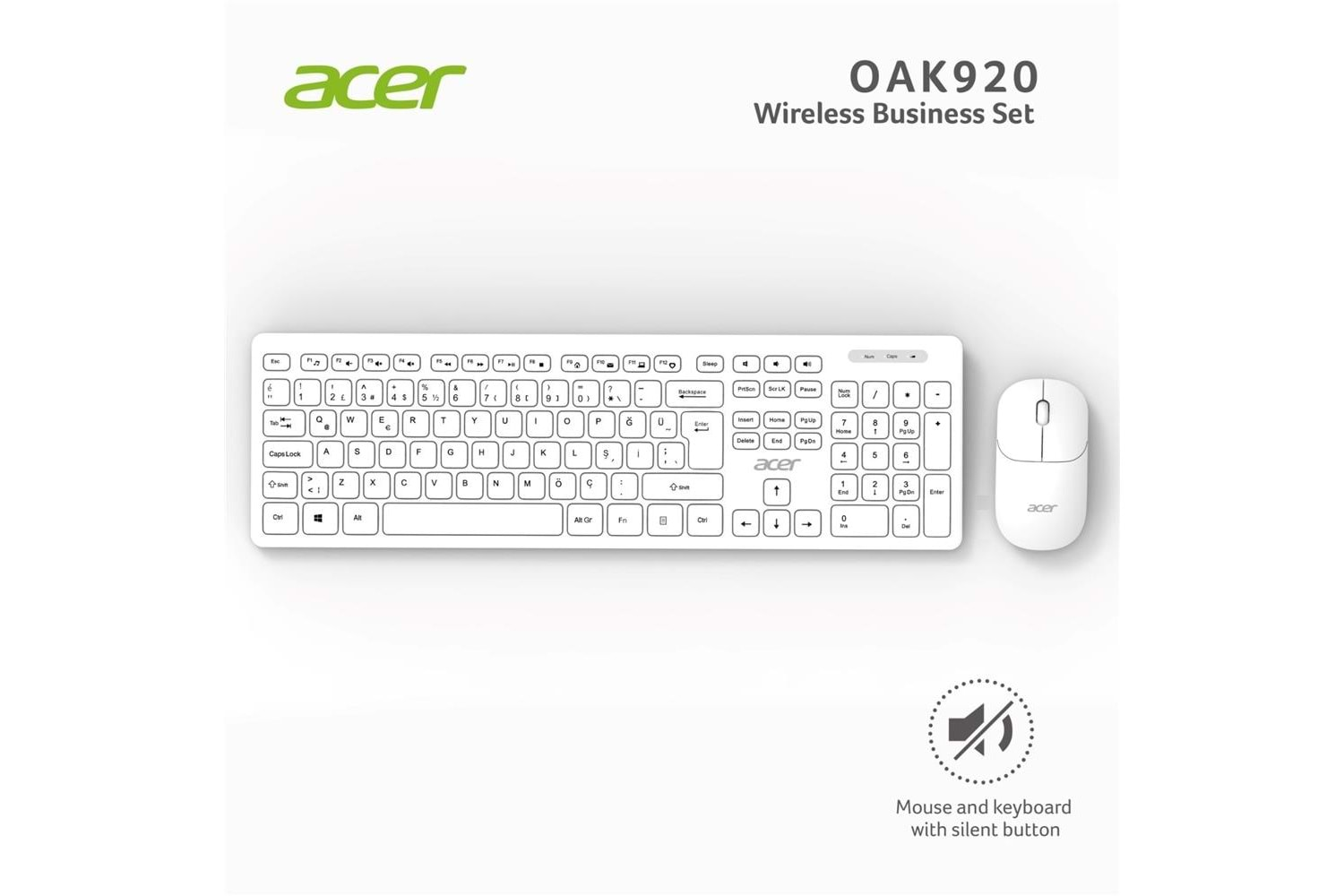 Acer OAK-920 Beyaz Kablosuz Sessiz Tuşlu 2.4Ghz Klavye Moue Set Beyaz (Mouse 1200Dpı)