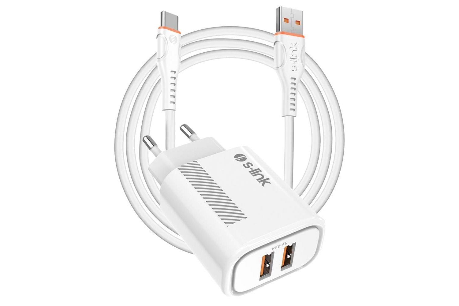 S-link SL-EC50 (SL-EC50T) 5V 2400MA Type-C Kablolu 2 USB Çıkışlı Beyaz Ev Şarj Adaptörü