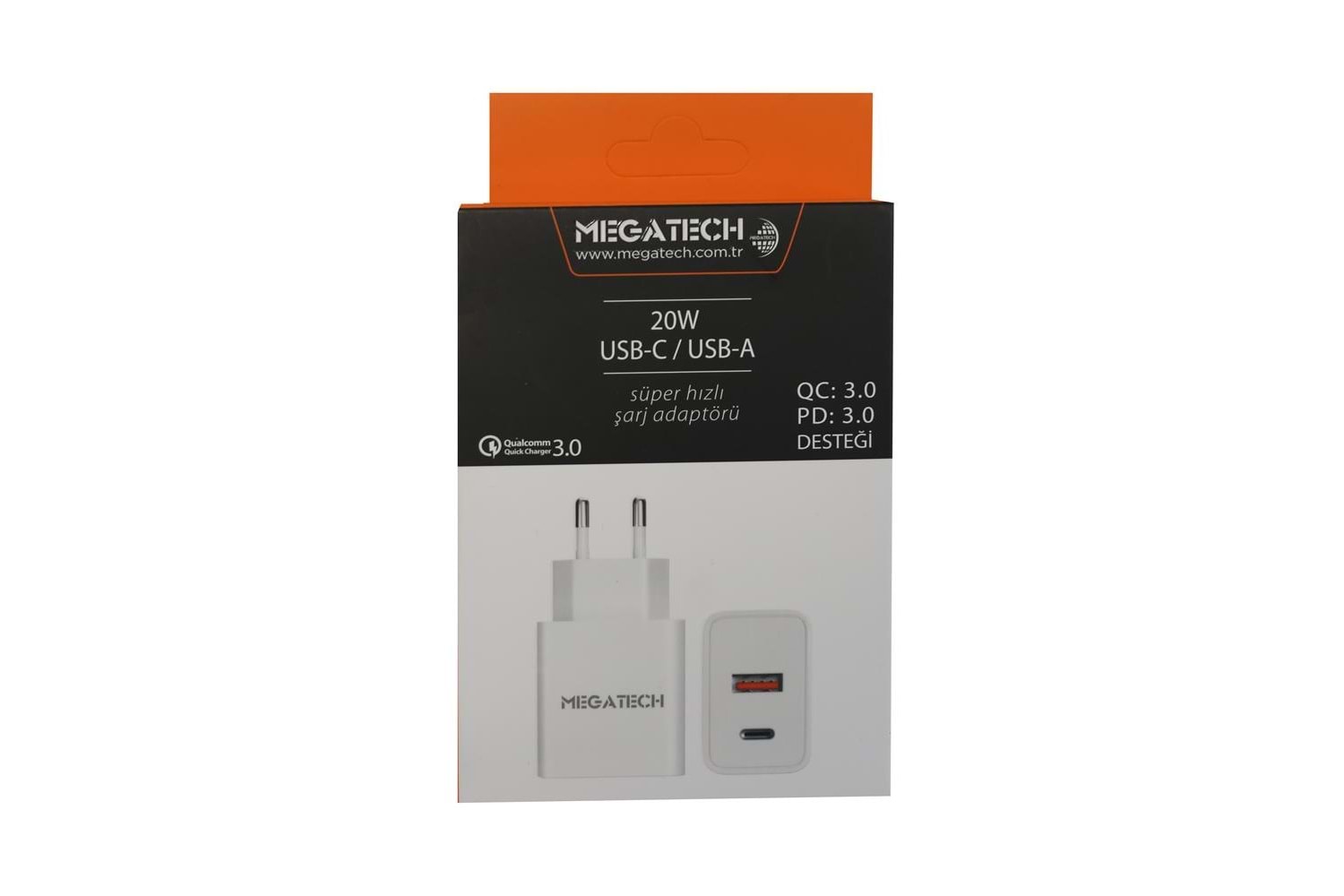 Megatech 20w Beyaz USB-C USB-A Şarj Kafa QC:3.0-PD:3.0