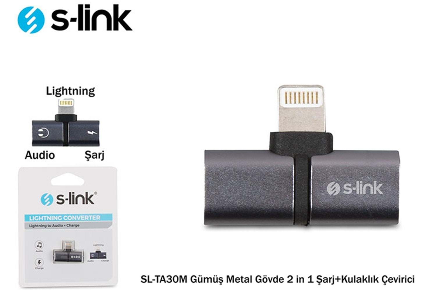 S-link SL-TA30M Lightning Gümüş Metal Gövde 2 in 1 Şarj+Kulaklık Çevirici