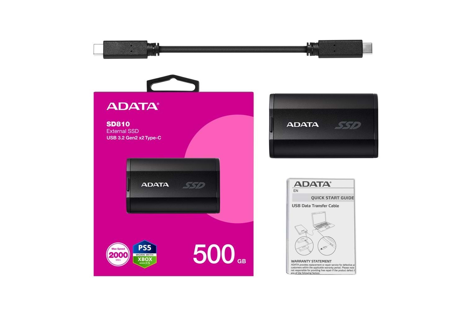 Adata 500Gb SD810 Siyah Taşınabilir Usb 3.2 Gen2 x2 Type-C Ssd Harici Disk
