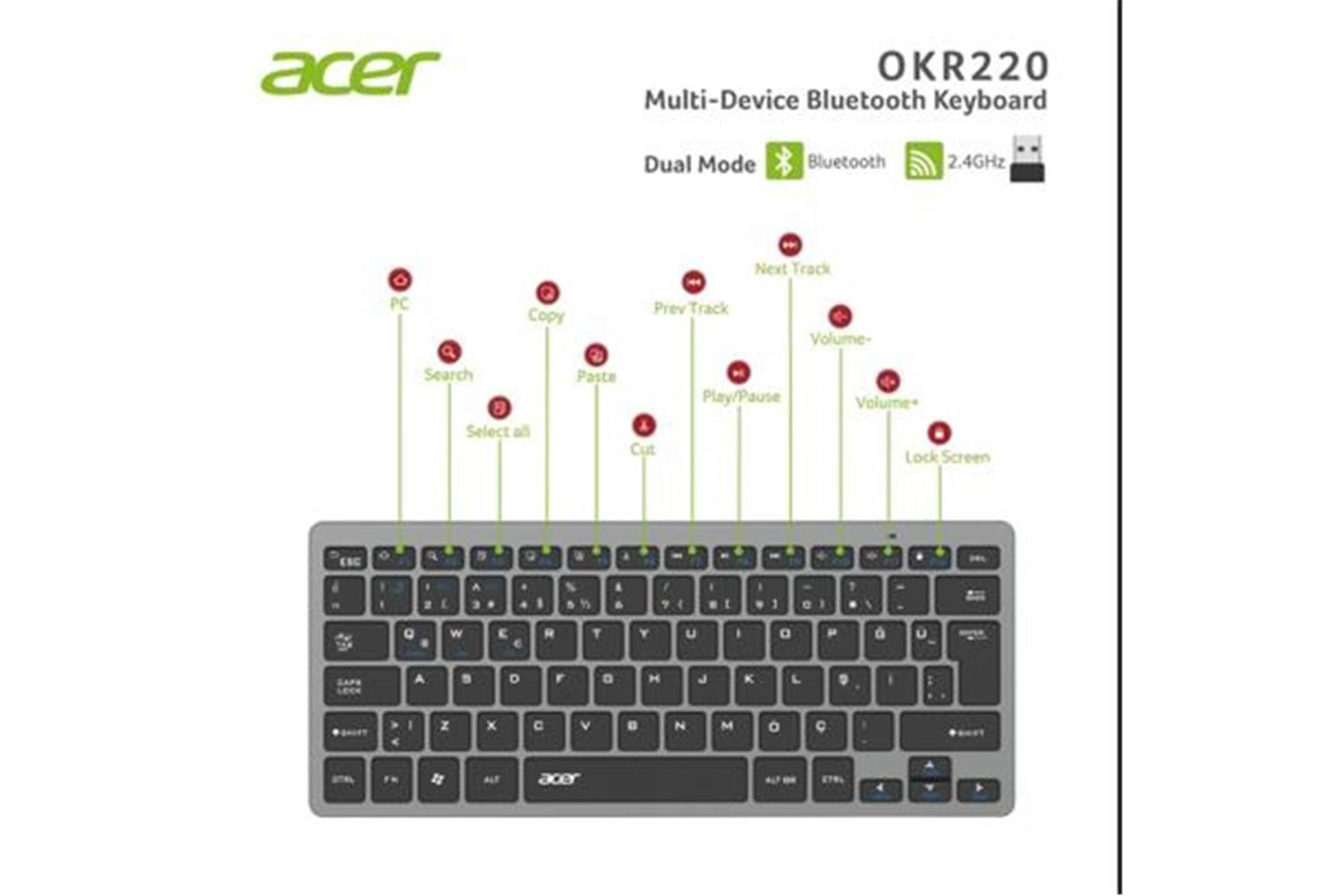 Acer OKR220 Siyah MultiDevice Dual Mode 2.4GHZ Bluetooth Klavye (Smart Tv)(Android)