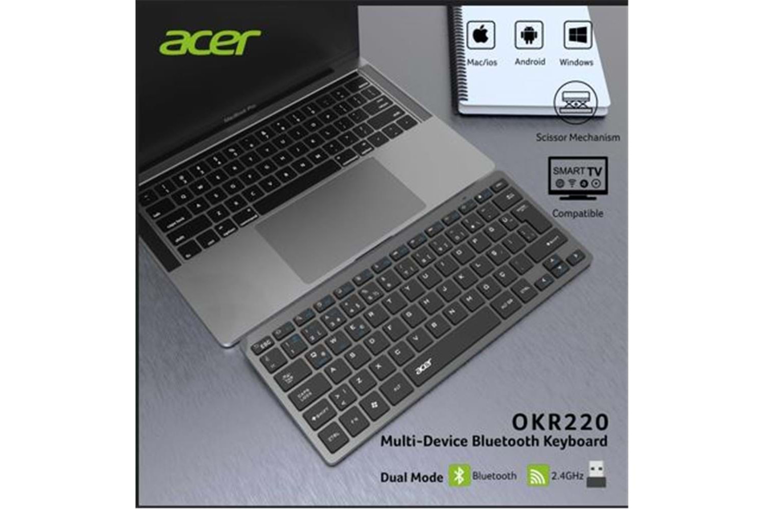 Acer OKR220 Siyah MultiDevice Dual Mode 2.4GHZ Bluetooth Klavye (Smart Tv)(Android)