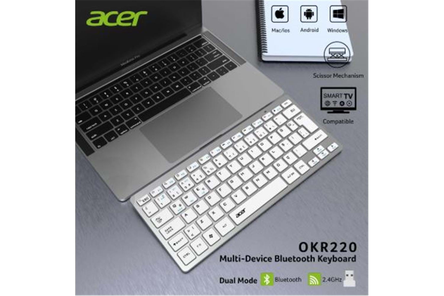 Acer OKR220 Beyaz MultiDevice Dual Mode 2.4GHZ Bluetooth Klavye (Smart Tv)(Android)