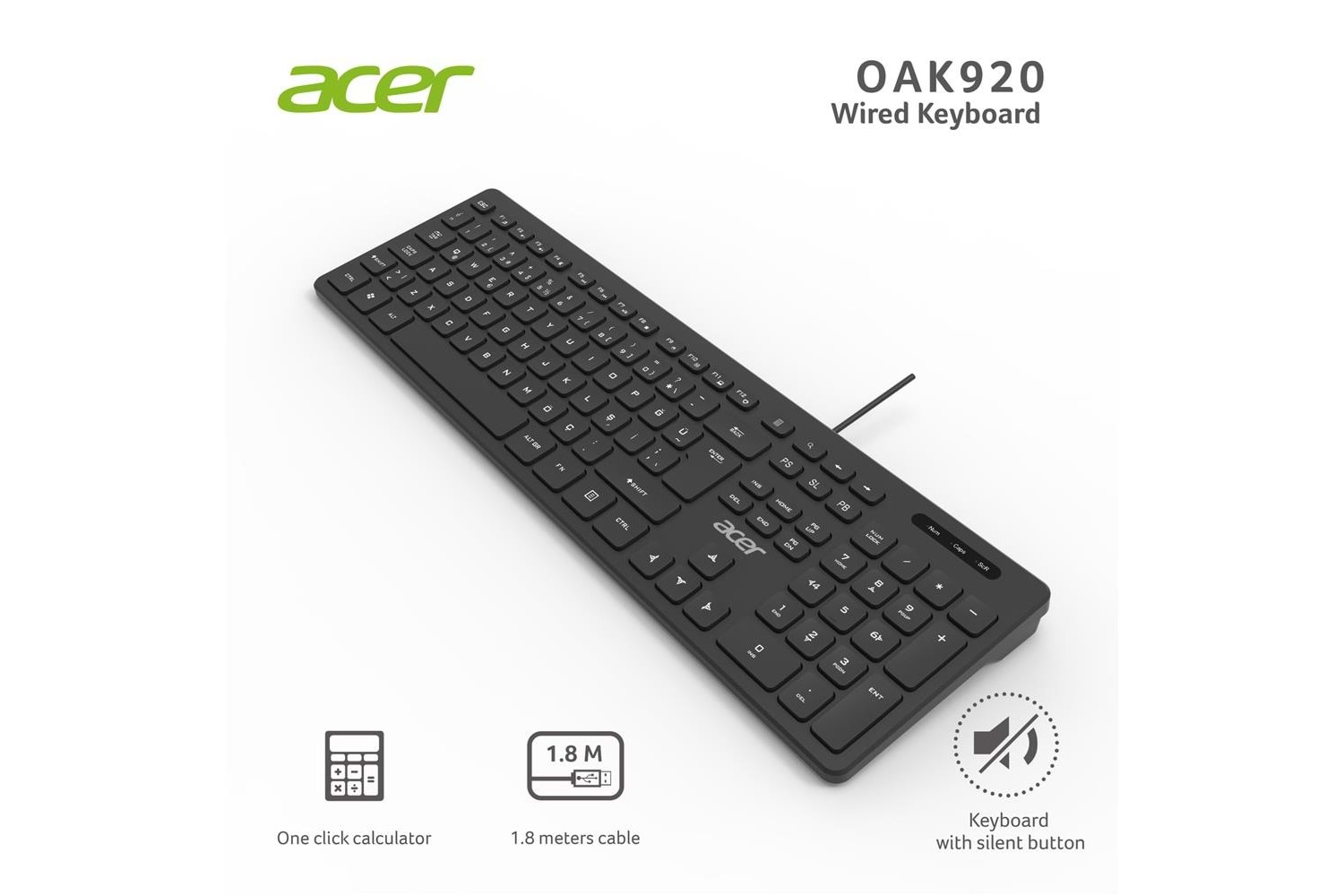 Acer OAK920 Q Usb SİYAH 1.8mt Kablolu Klavye-Tek Tuş Hesap Makinalı (Sessiz Tuş)