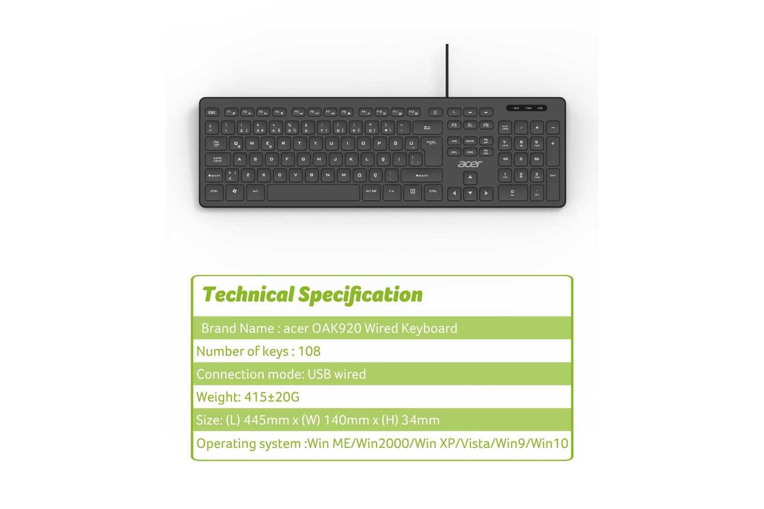 Acer OAK920 Q Usb SİYAH 1.8mt Kablolu Klavye-Tek Tuş Hesap Makinalı (Sessiz Tuş)