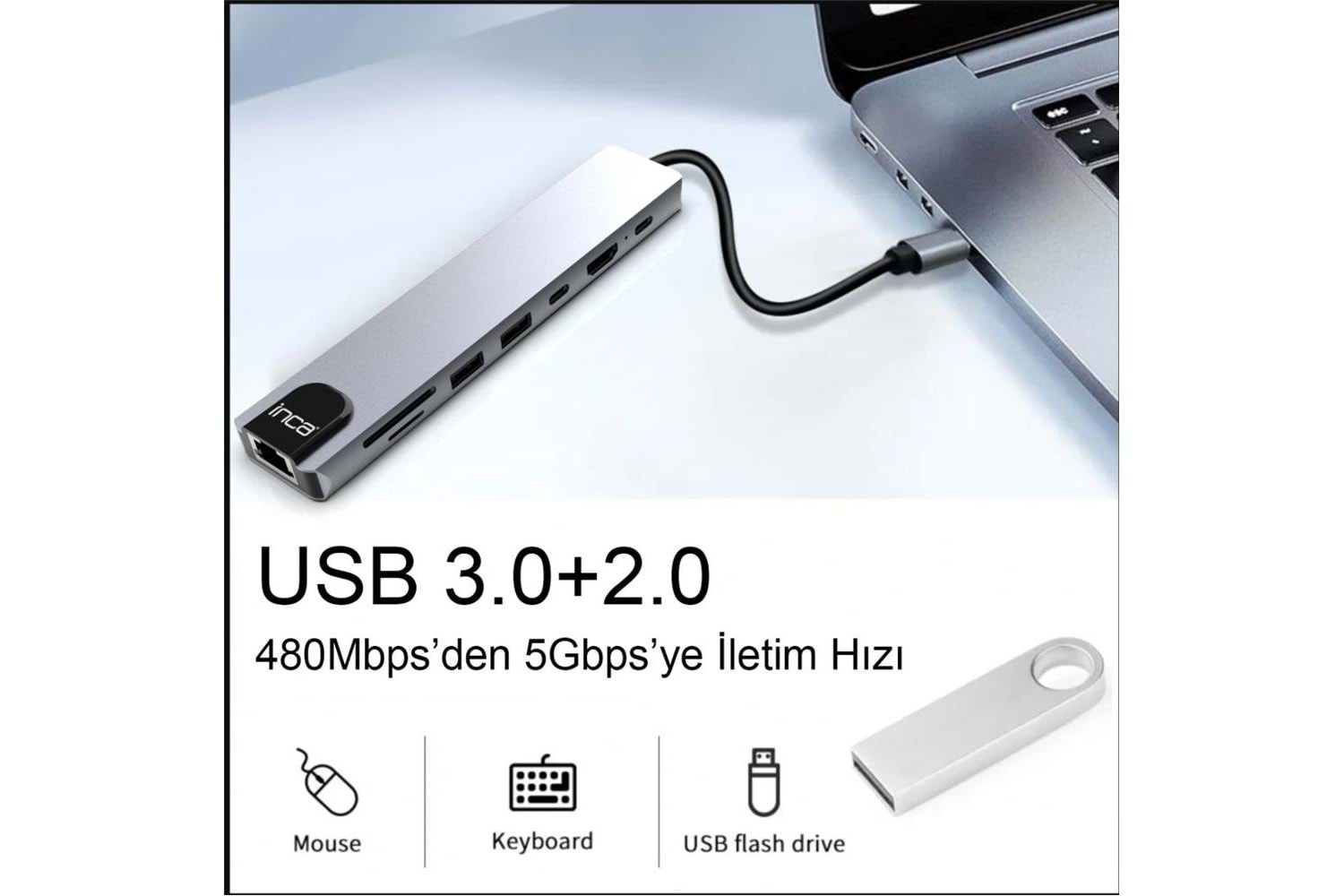 Inca ITPC-7T Type-C Giriş 2XType-C Çoklayıcı RJ-45 HDMI 4K@30 USB 3.0 Çoklayıcı Micro SD Kart 