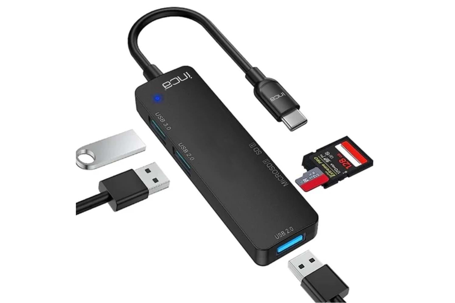 Inca ITPC-5T Type-C Giriş 2XUSB Sd-Micro Sd2.0 Çoklayıcı USB 3.0 Çoklayıcı Çevirici Mavi Led 