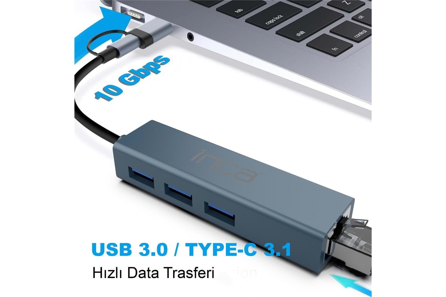 Inca IUTP-03TX Ethernet Usb 3.0+Type-C 3.1 Grişli 000 Mbps 3X3.1Usb Eternet-Çoklayıcı