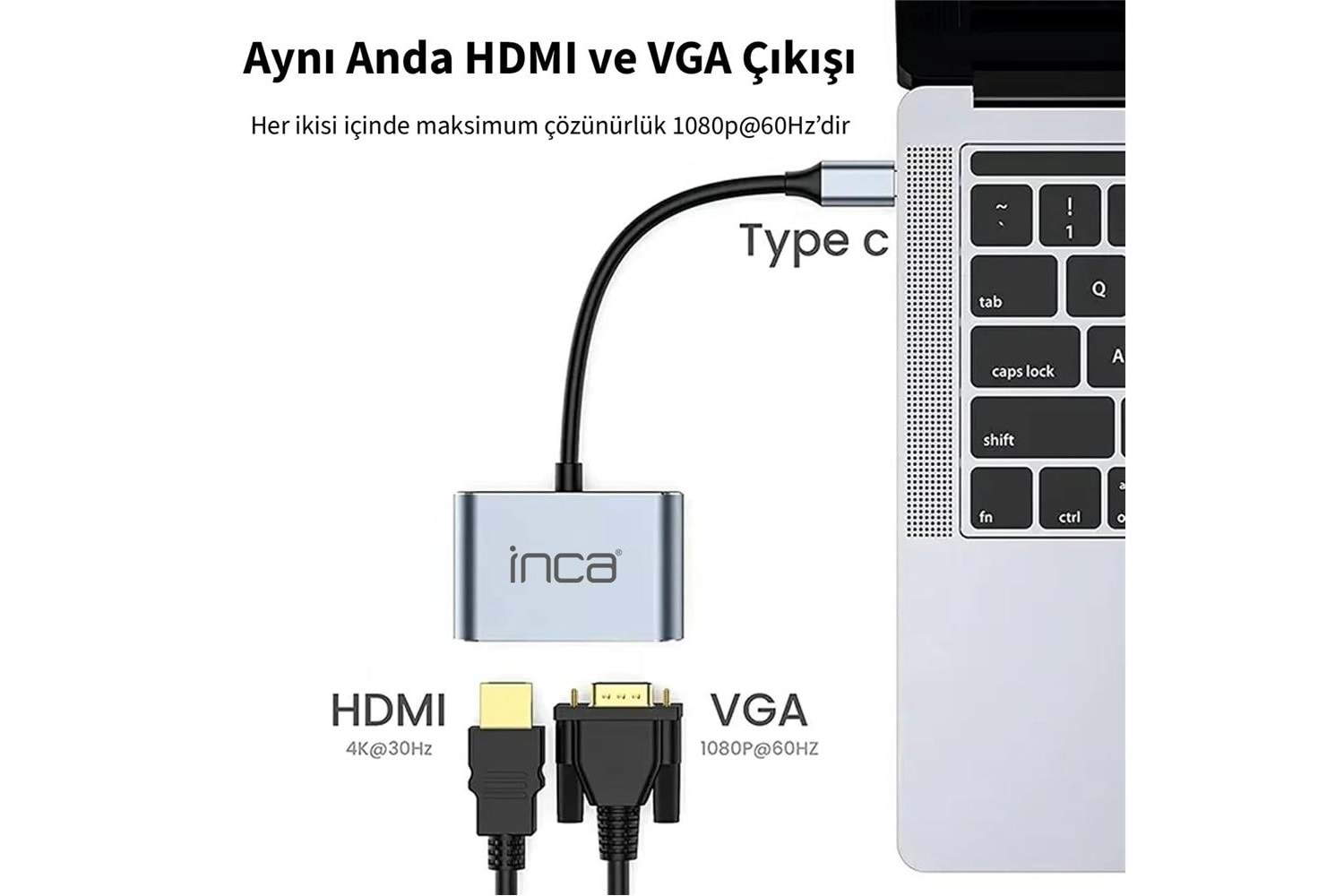 Inca ITPC-06TX USB C 4in1 – HDMI+VGA+USB+Güç Dağıtım Adap 4K@30Hz HDMI Çoklayıcı 100W PD Güçı