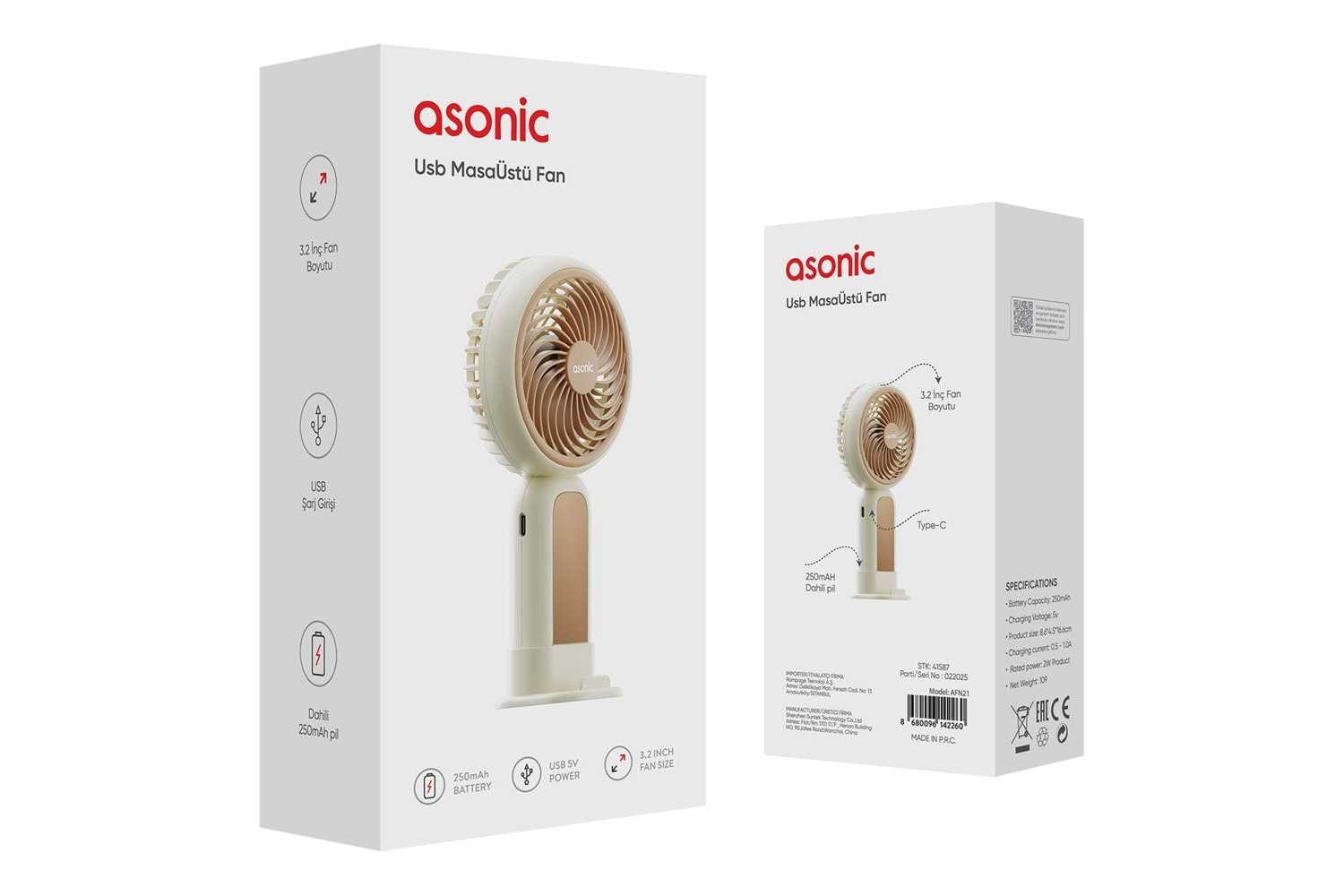 Asonic AFN21 Krem 250mAh Dahili Pil Elde Taşınabilir Masaüstü Usb Fan Şarjlı Type-c Şarj