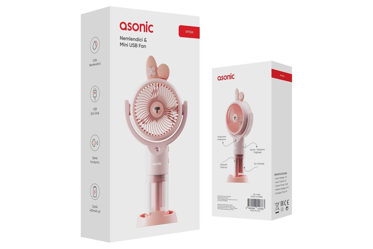 Asonic AFN26 Pembe 500mAh 2 Kademe Nemlendirici Sprey USB Fan