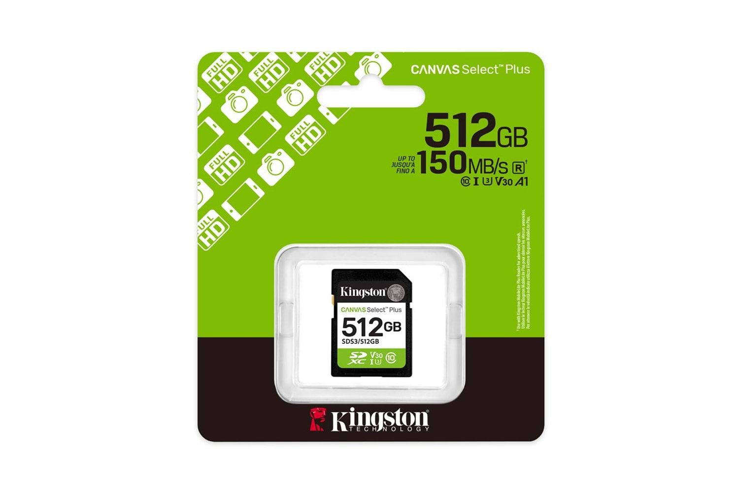 Kingston SDS3-512GB 512GB SDXC Canvas Select Plus Gen3 150MB-s C10 UHS-I U3 V30 Hafıza Kartı