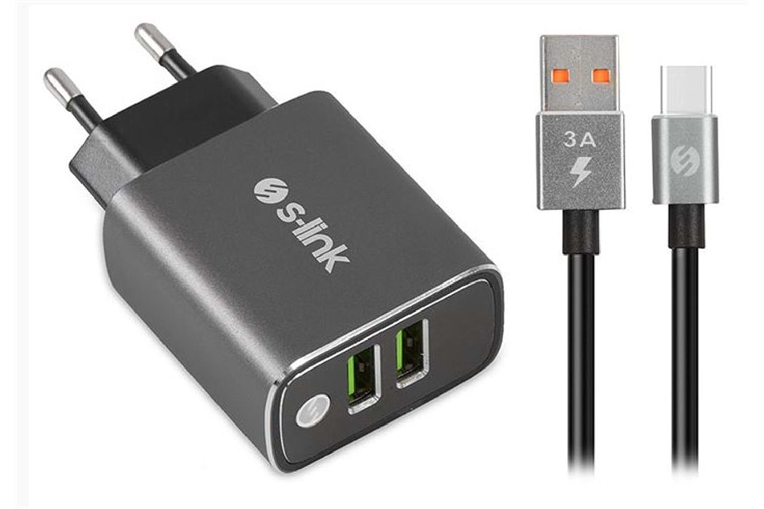 S-link SW-EHT36M 2 USB, 3.1A Metal Ev Sarj Cihazı ve Type-C Data + Sarj Kablosu