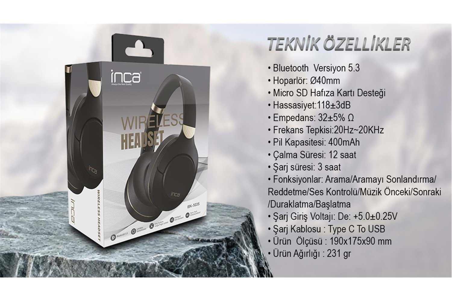 Inca IBK-503S Siyah 5.3 Bluetooth Wireless Kulaklık Micro Sd Kulaklık 400mah Type-c To USB