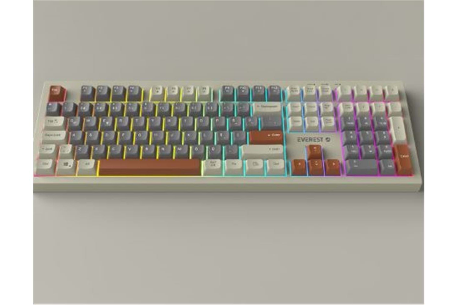 Everest KM-77 Runa Gri-Krem-Kahve Usb Rainbow Aydınlatmalı Sessiz Q Klavye + Mouse Set