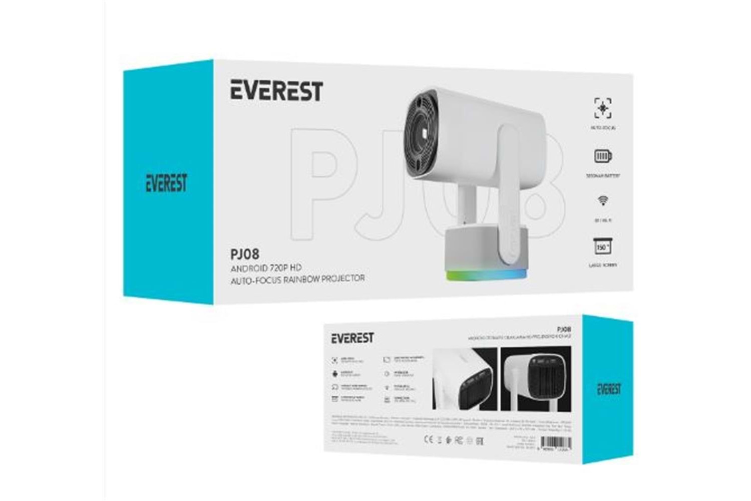 Everest PJ08 Beyaz 5200mAh Otomatik 720P HD 4K Destekli 5200 Lümen Android 11 Ekran HD Proje