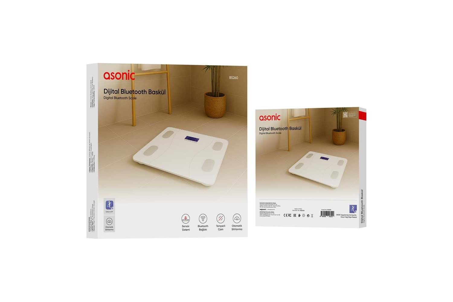 Asonic BS260 Beyaz 2-AAA Pil Dijital Bluetooth Baskül (Sensör-Temperli Cam-Otomatik Sıfırlama)