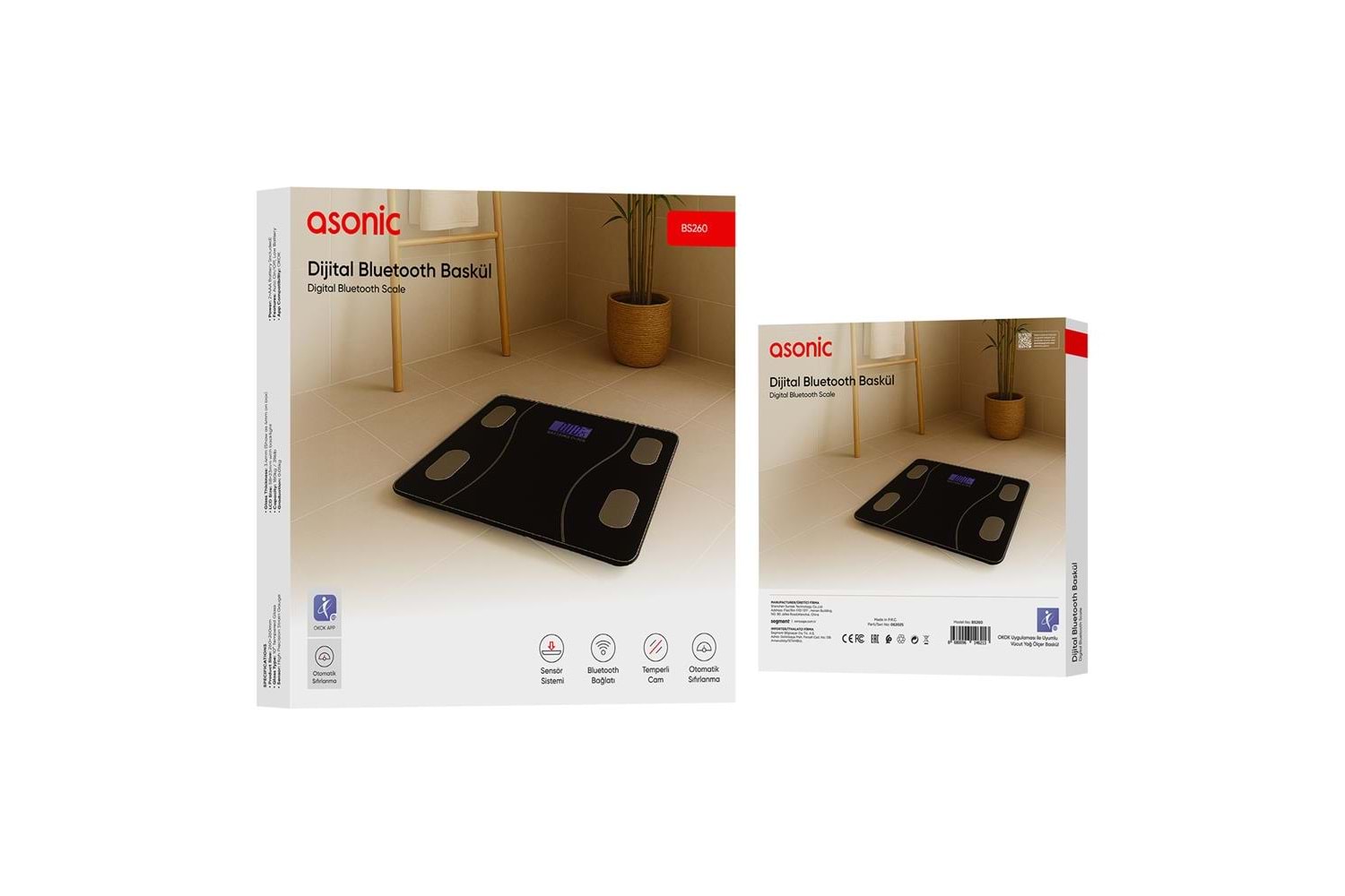 Asonic BS260 Siyah 2-AAA Pil Dijital Bluetooth Baskül (Sensör-Temperli Cam-Otomatik Sıfırlama)