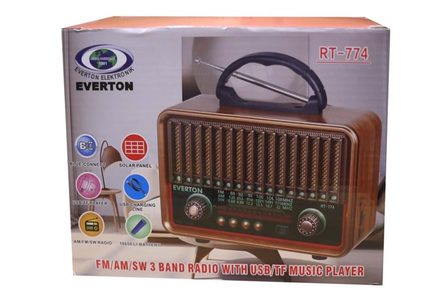 Everton RT-774 Bluetooth-USB-SD-FM Solarlı Şarjlı Nostaljik Radyo 
