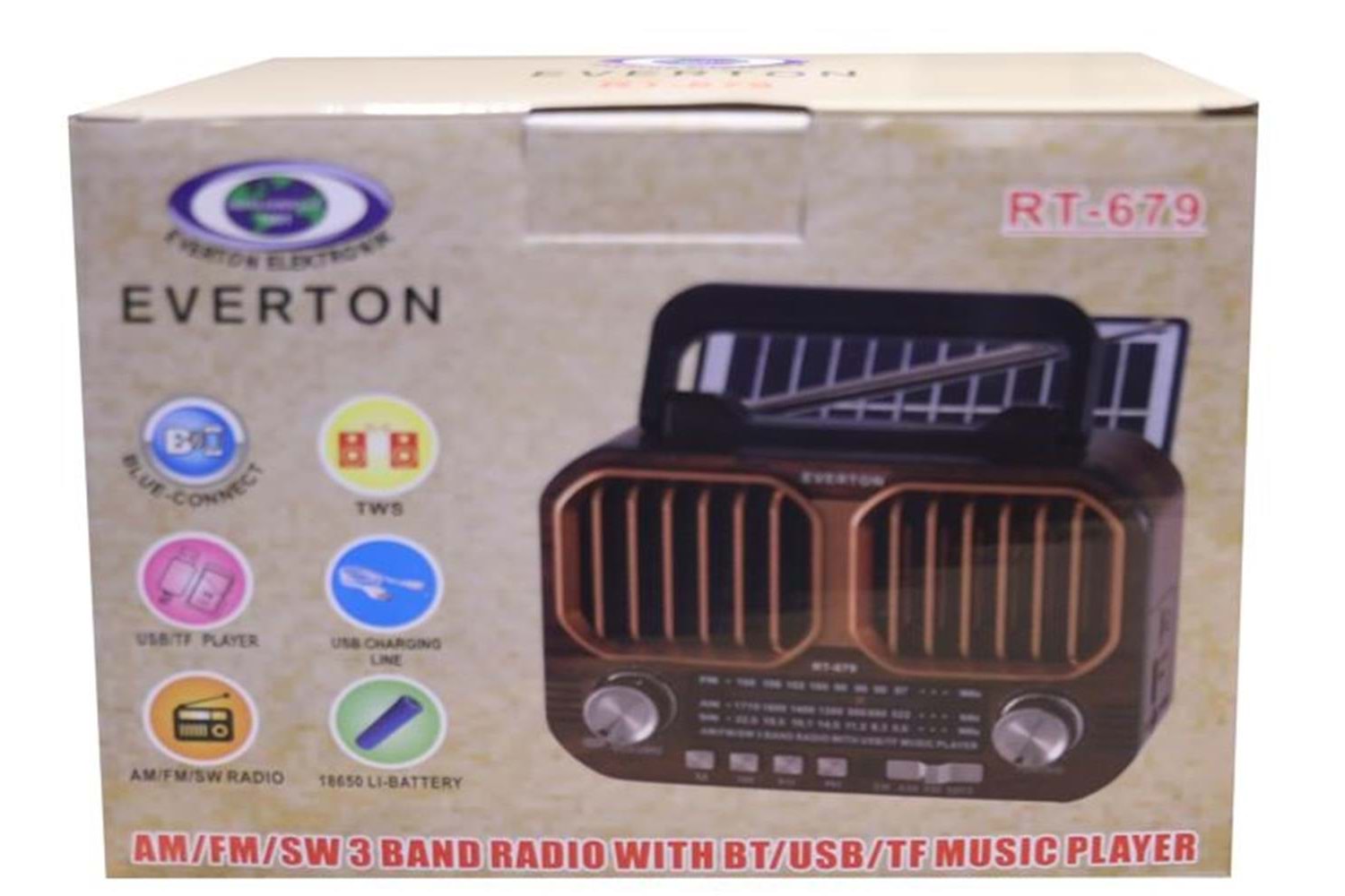 Everton RT-679 Bluetooth-USB-SD-FM Şarjlı Solarlı Nostaljik Radyo 
