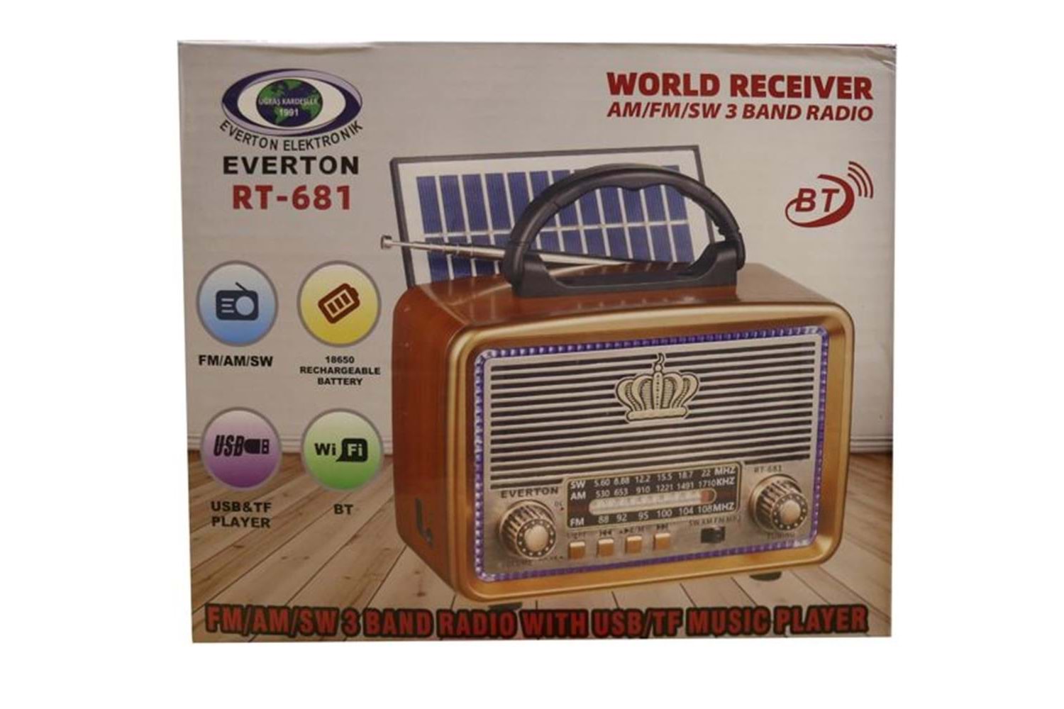Everton RT-681 Solarlı,Ledli, Şarjlı Nostaljik Radyo (FM-AM-SW-USB-TF)