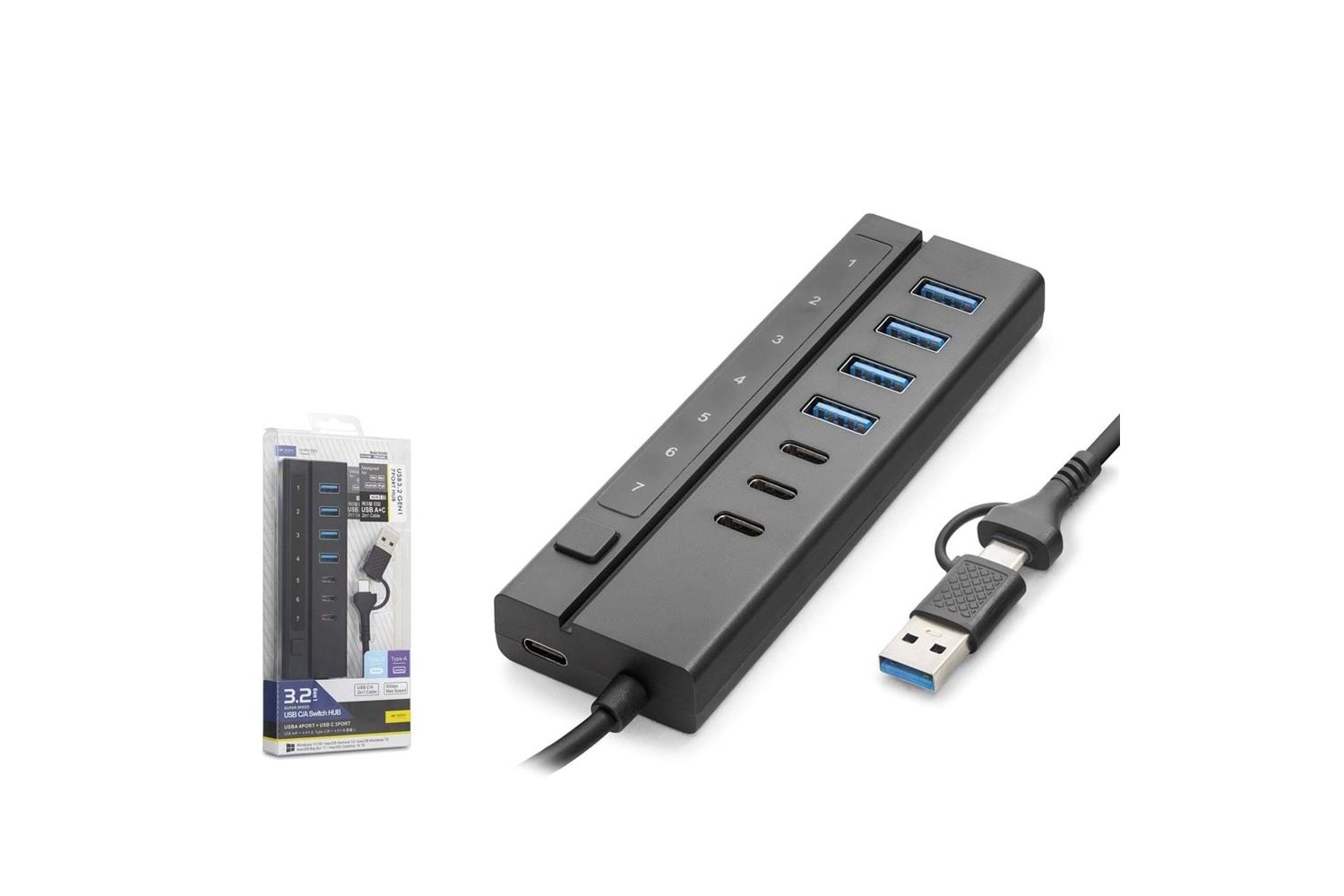 Hadron HDX7062 7 Port Usb Hub 5Gbps 4x Usb-A 3.2 + 3x Usb-C 3.2 7 Port 2in1 Kablolu Çoklayıcı Siyah