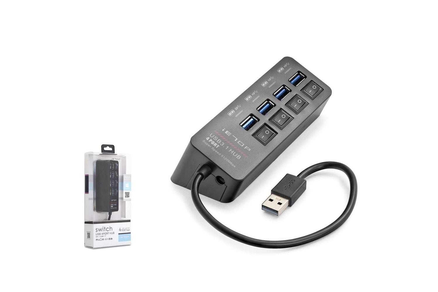 Hadron HDX7056 İetop Usb Hub 5Gbps 1x Usb 3.1 + 3x Usb 2.0 Switchli 4 Port Çoklayıcı Siyah