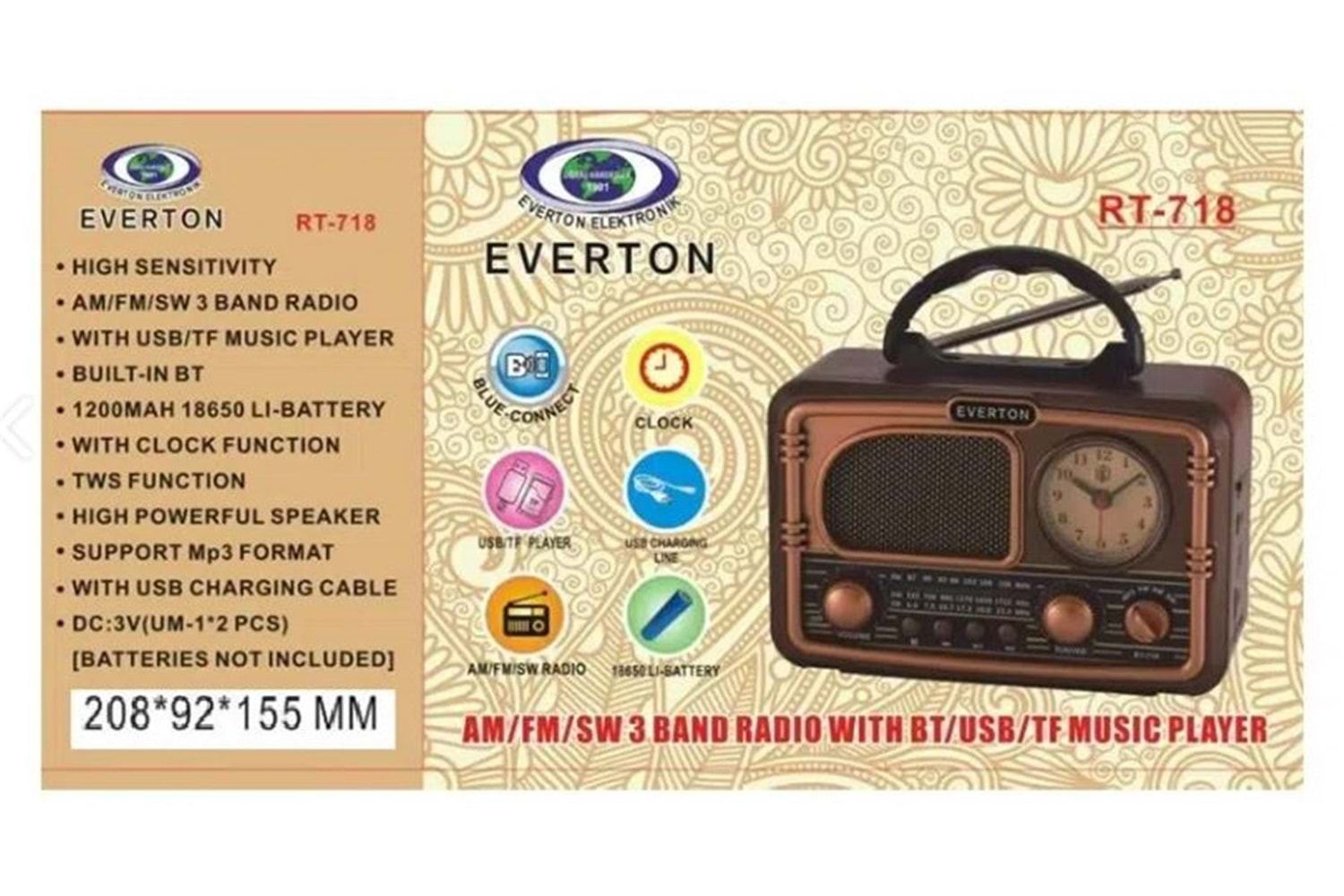 Everton RT-718 Bluetooth-USB-SD-FM Şarjlı Nostaljik Radyo
