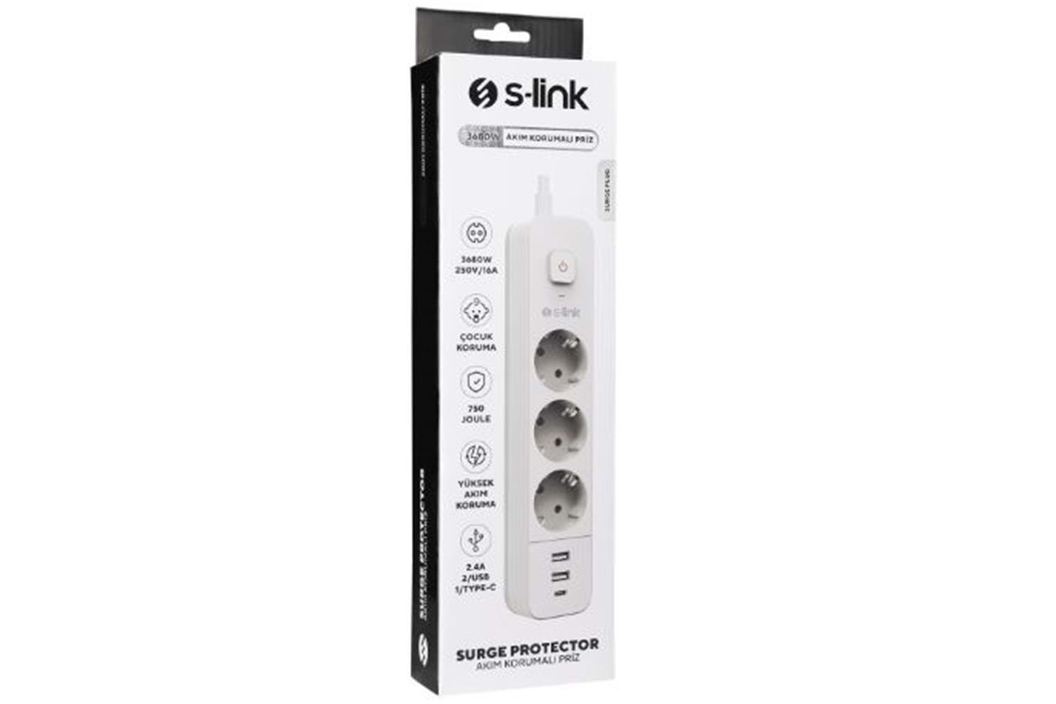 S-link SPG03TC 5V2.4A 1.5m 3x1.00mm 100 yüzde Bakır 750 Joule 3 lü Anahtarlı Akım Korumalı Beyaz Priz