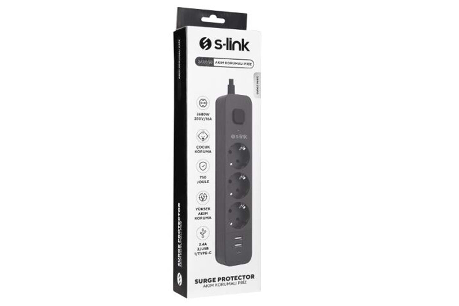 S-link SPG03U 5V2.4A 1.5m 3x1.00mm 100 yüzde Bakır 750 Joule 3 lü Anahtarlı Akım Korumalı Siyah Priz