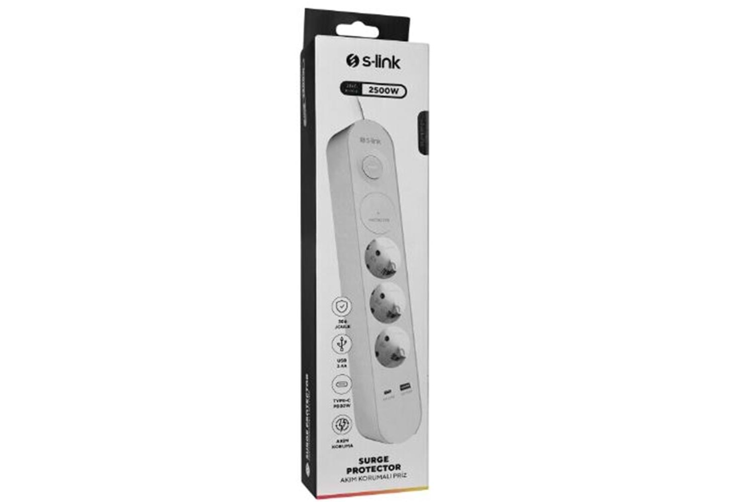 S-link SPG3-PD20 PD20W H05VV-F 3G1.0mm, 1.5m 3 lü 306 J Akım Korumalı Beyaz + Gri Priz