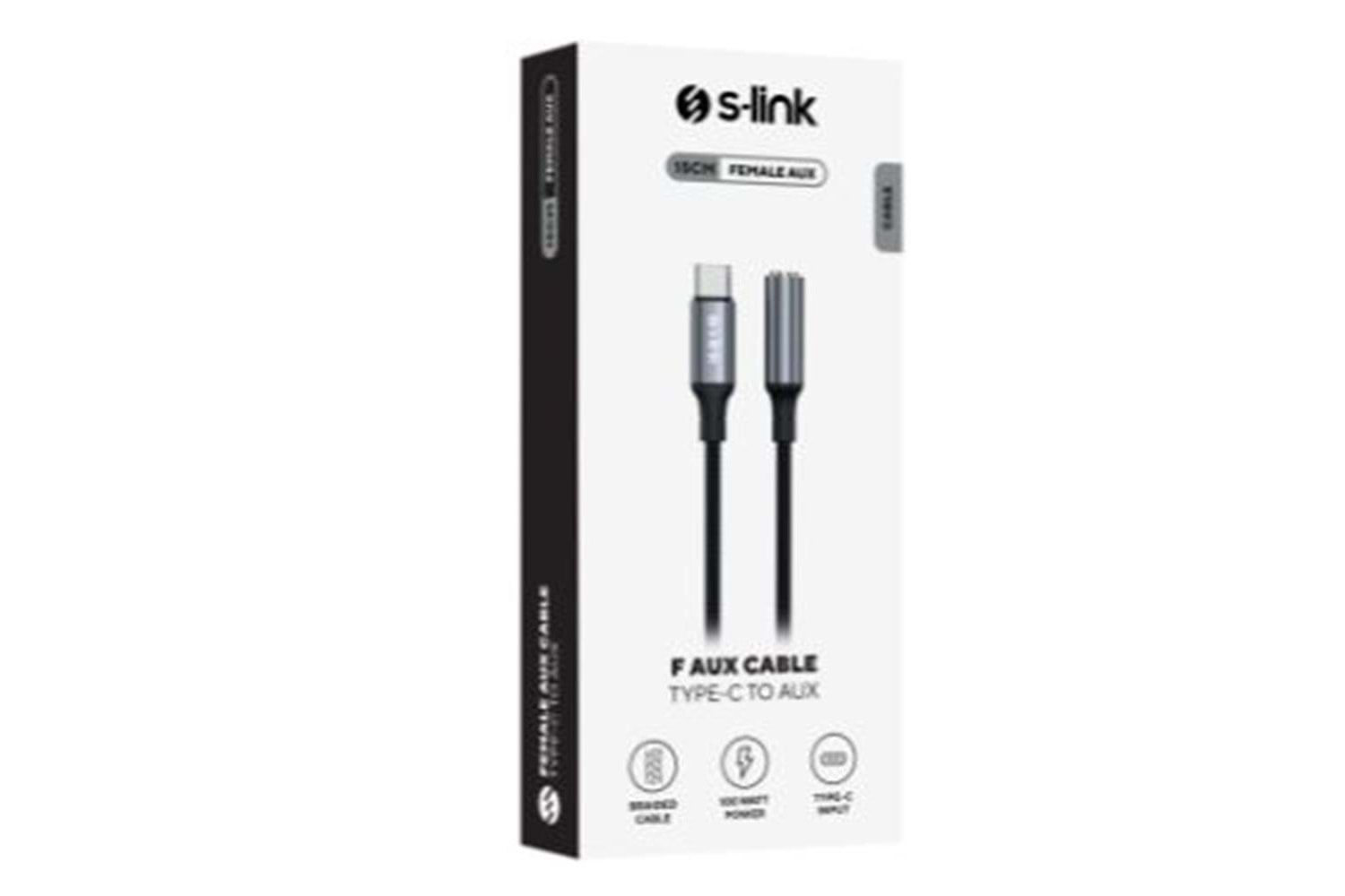 S-link Armor FC-01 15cm Type-C to F AUX Örgülü Metal Başlıklı Siyah Ses Kablosu