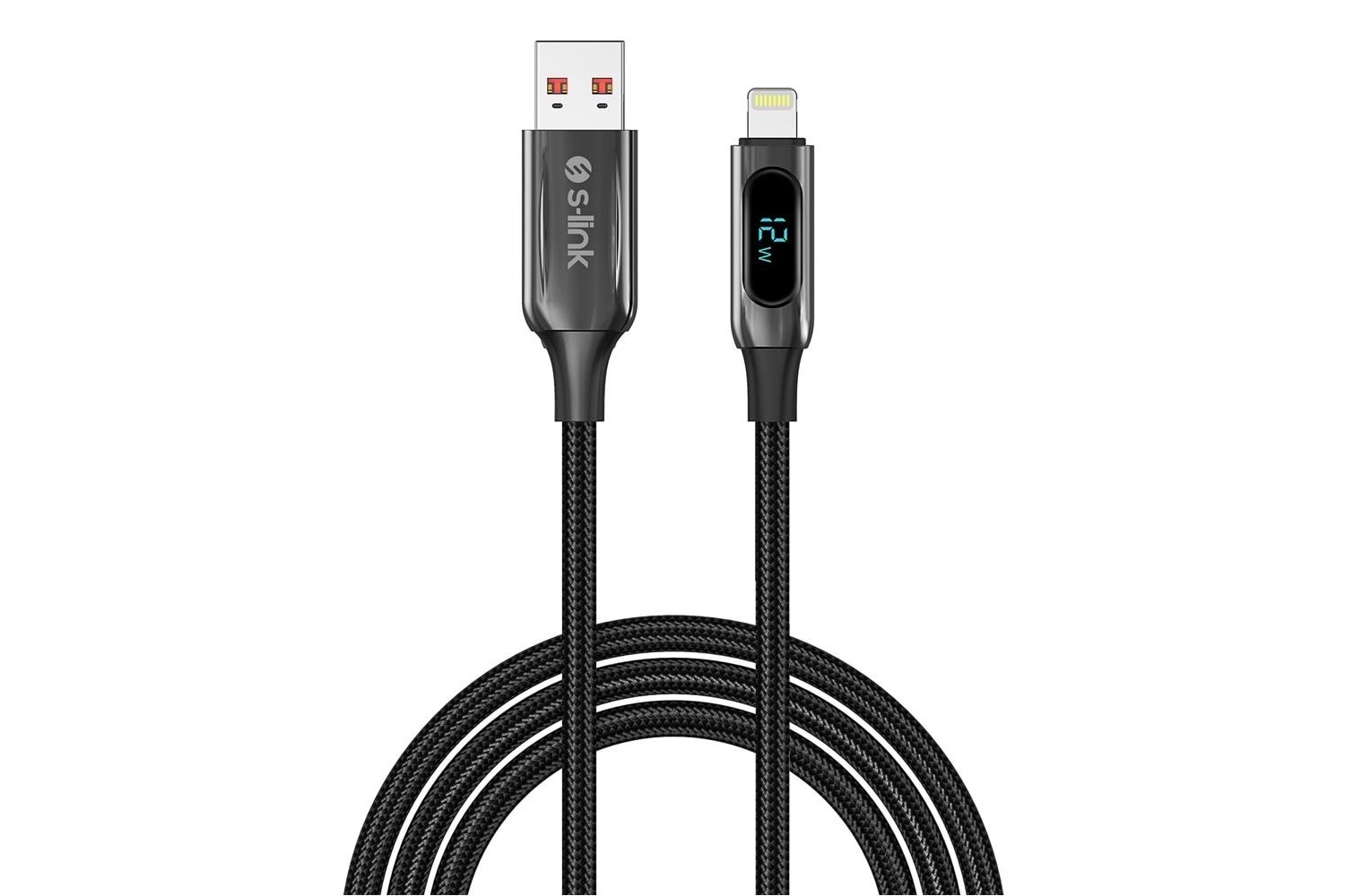 S-link Armor LED UL-012 12W 1m USB to Lightning PD Örgülü LED Başlıklı Siyah Hızlı Şarj Kablosu