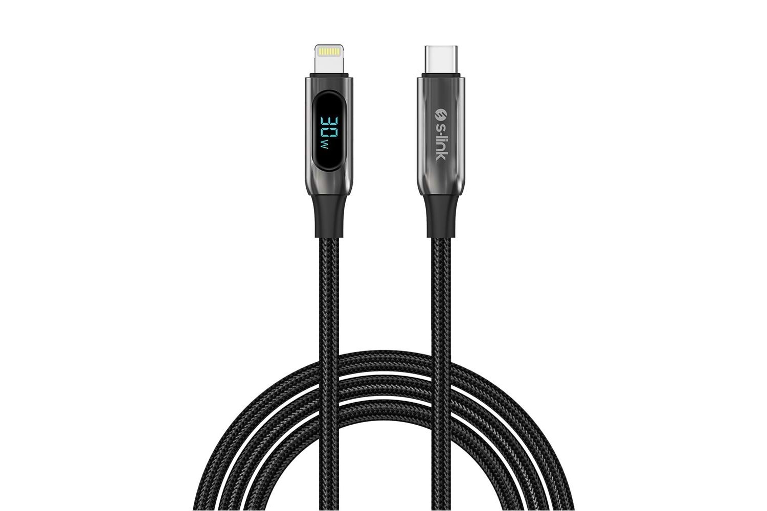 S-link Armor LED CL-030 30W 1mt Type-C to Lightning PD Örgülü LED Başlıklı Siyah Hızlı Şarj Kablosu