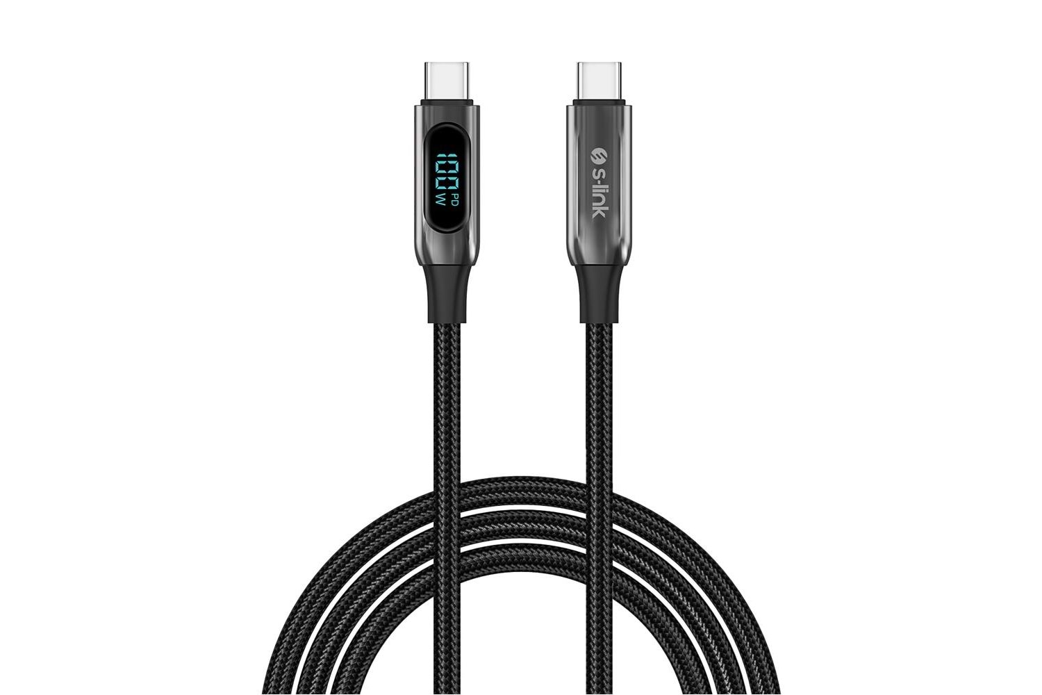 S-link Armor LED LCC-0100 100W 1m Type-C to Type-C PD Örgülü LED Başlıklı Siyah Hızlı Şarj Kablosu