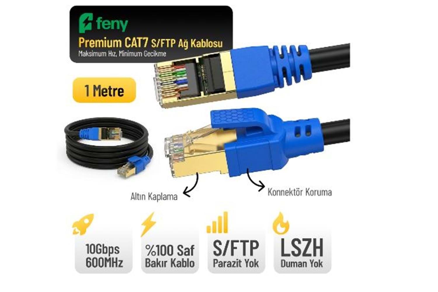 Feny FN-CAT7LS01 10GBPS İnternet 60MHZ 1 Metre CAT7 Gold Patch Kablo (Yanmaz- yüzde 100 Saf Bakır)