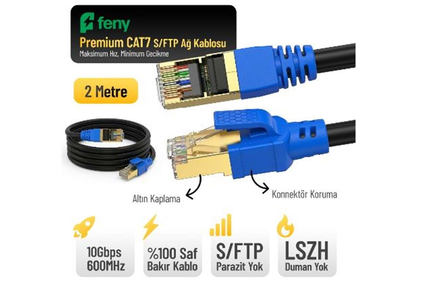 Feny FN-CAT7LS02 10GBPS İnternet 60MHZ 2 Metre CAT7 Gold Patch Kablo (Yanmaz- yüzde 100 Saf Bakır)