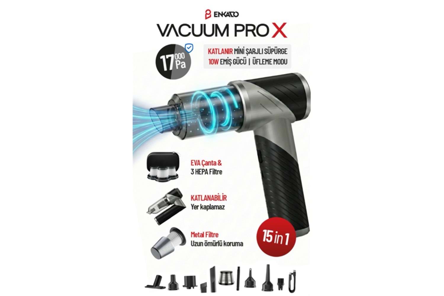 Enkado EKD-SP20 17000PA 2000MAH Güçlü Vakum-Üflemeli Şarjlı Katlanabilir Araç Süpürgesi 3ad Filtr