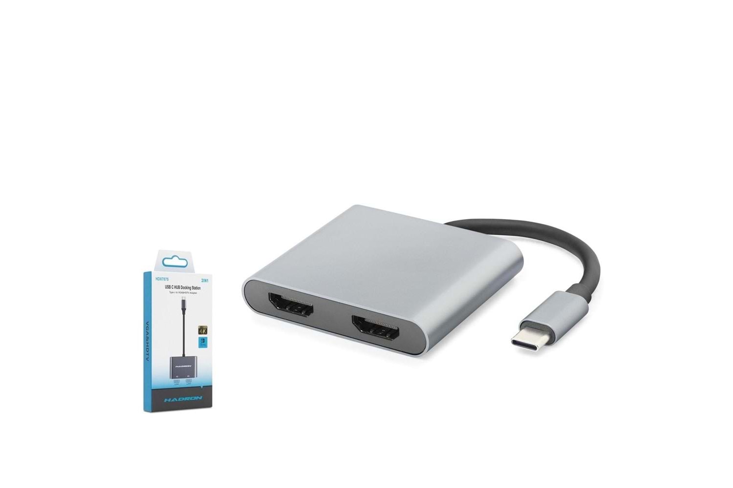 HADRON HDX7875 Type-C to 2x HDMI Dişi Görüntü Dönüştürücü 4K 30 Hz - Gri