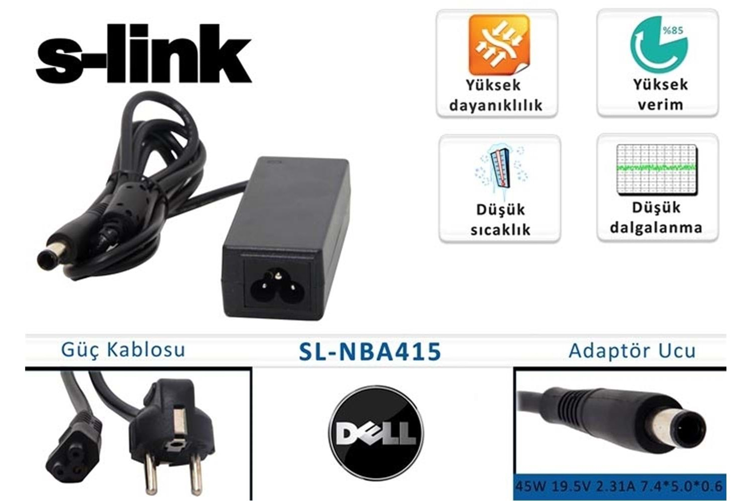 S-link sl-nba415 45w 19.5v 2.31a 7.4-5.0-0.6 Dell Notebook Adaptörü