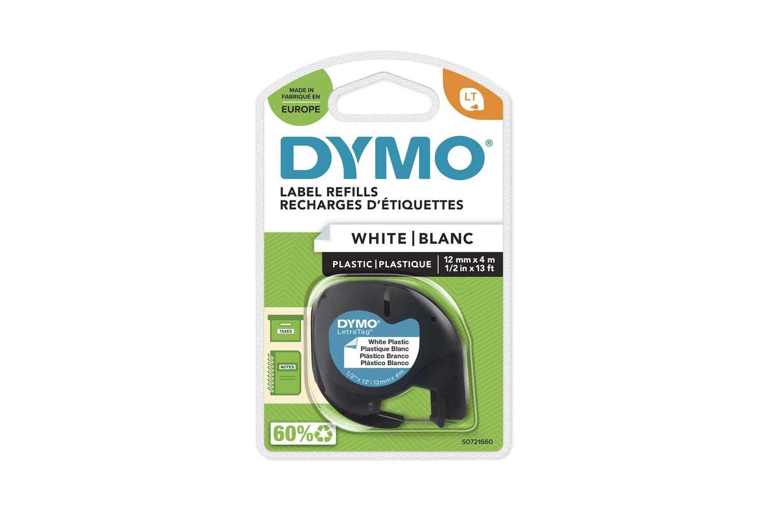 Dymo S0721660 Letratag Plastik Etiket 12 mm X 4 Metre Beyaz 91201