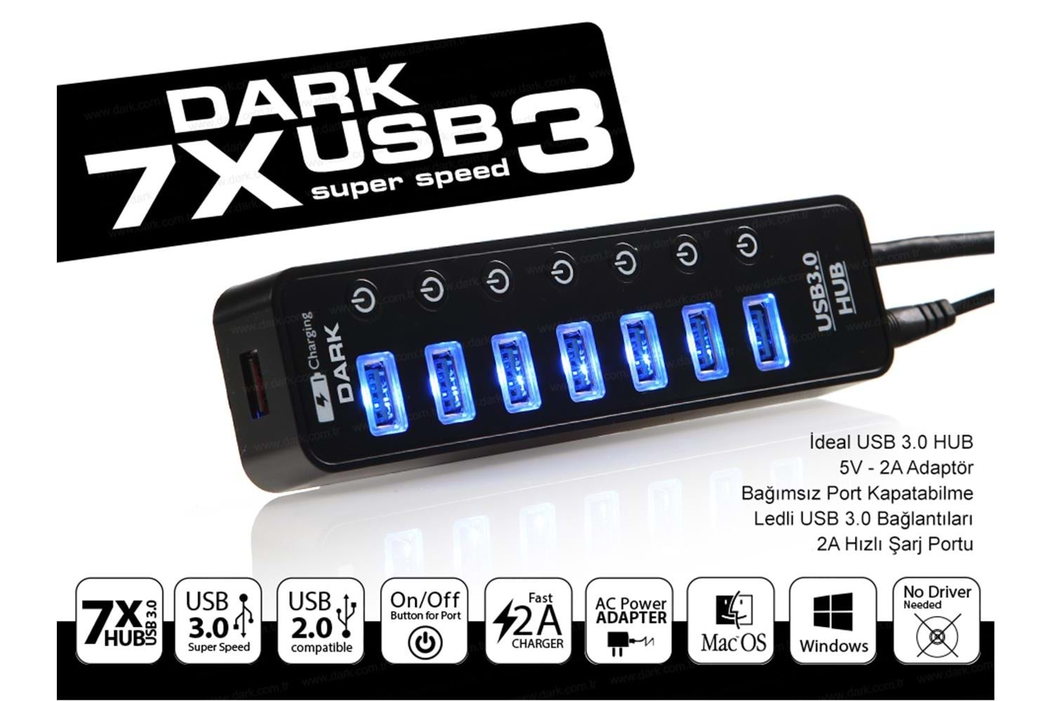 Dark DK-AC-USB371 7+1 Hızlı Şarj Adaptörlü